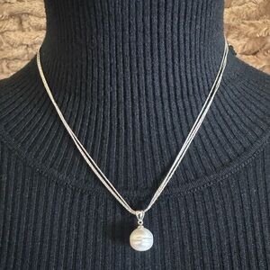 925 Silver Italy Authentic Pearl Pendant 3 Strands Chain Necklace 17”
